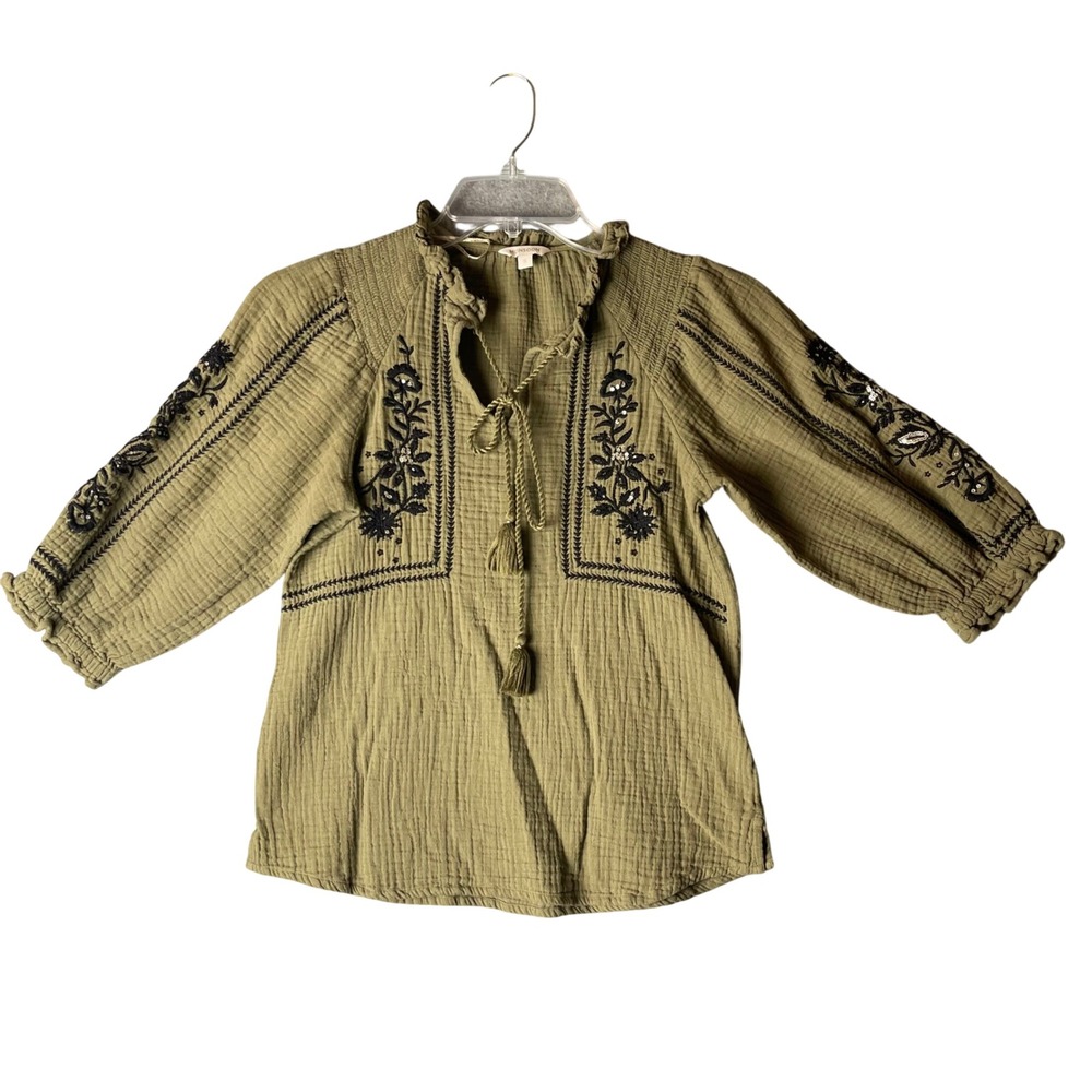 Monsoon Womens Green Cotton Gauze Embroidered Boho Blouse Tassel Tie Top Small